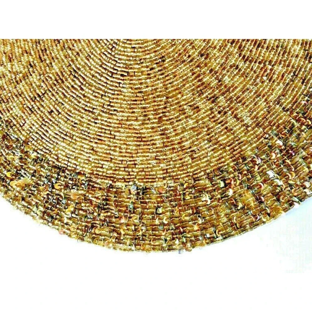 Tahari Christmas Beaded Sequin Placemats Set Of 2 Gold Satin Backed 15